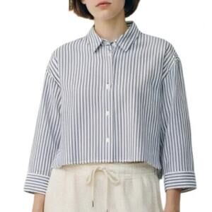 NWT Everlane Woven PJ Top Blue Stripe Button Down Shirt Cotton Sz L